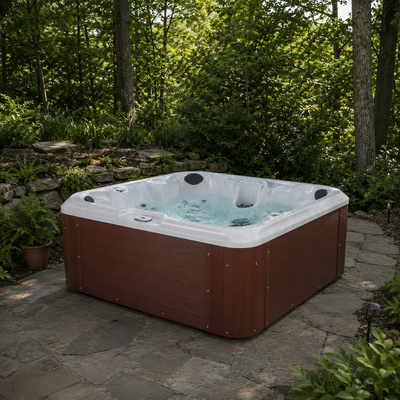 Hot tub in a natural setting with greenery and stone pathway