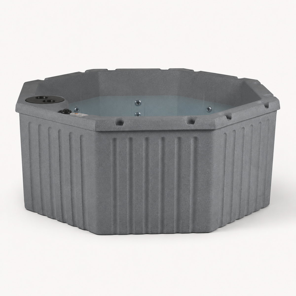 A gray octagonal hot tub with ribbed exterior walls and a light blue-tinted water pool, shown on a clean white background. #color_gray