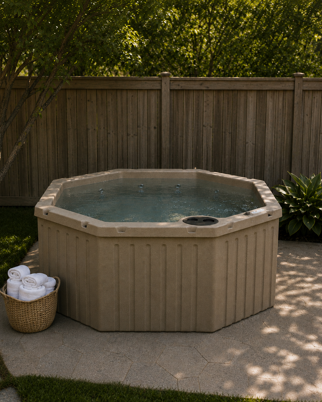 An outdoor hot tub with beige siding and clear blue-green water, set on a patio in a backyard with a wooden fence, greenery, and a basket of white towels nearby.