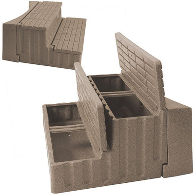 Tan storage steps with adapter for curved hot tubs, shown open and closed