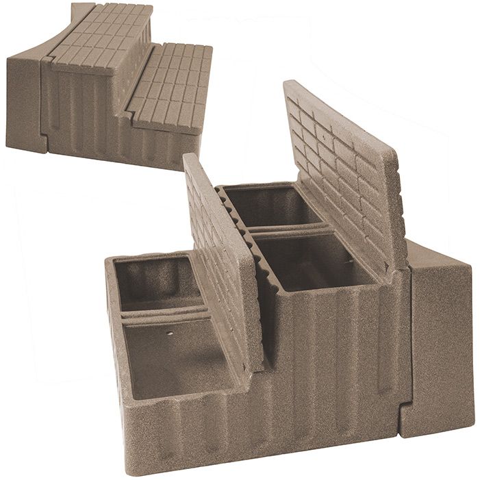 Tan storage steps with adapter for curved hot tubs, shown open and closed