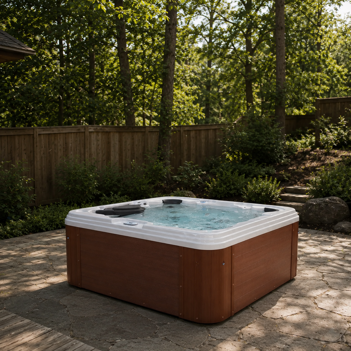 Hot tub on a stone patio with trees in the background