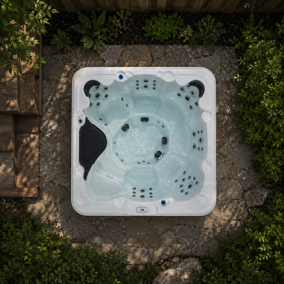 Top-down view of a hot tub surrounded by greenery