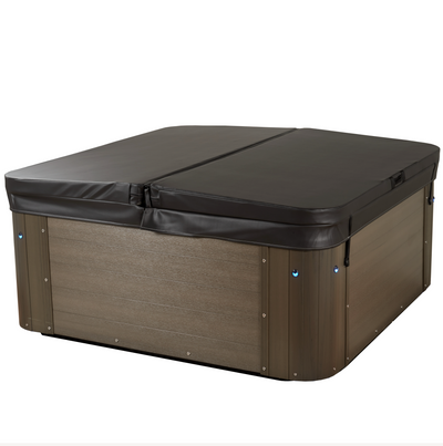 A hot tub or spa with a dark brown wood-look exterior and a black cover, shown on a plain white background. #cabinet_outerbanks