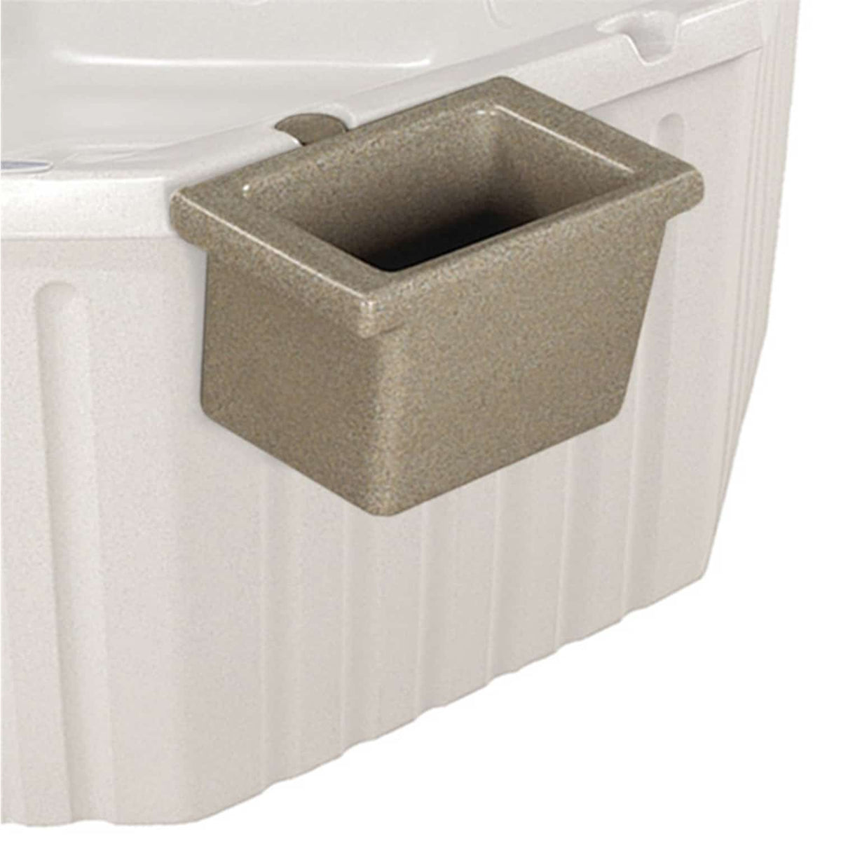 A tan rectangular plastic ice bucket hot tub accessory shown on a ghosted image of the corresponding hot tub