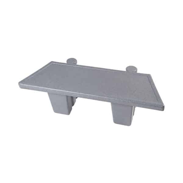 A gray shelf with two short legs and two small circular tabs, shown on a plain white background.