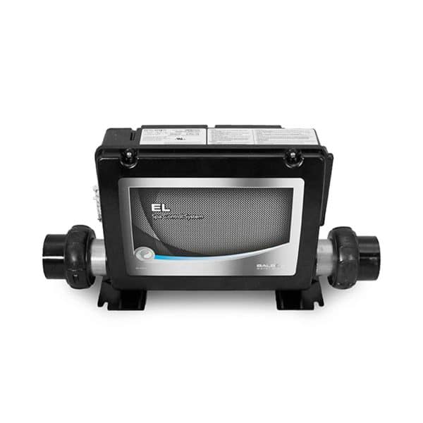 Balboa EL Control System with a black casing, silver metal pipes on either side, and a textured gray front panel with branding on a white background