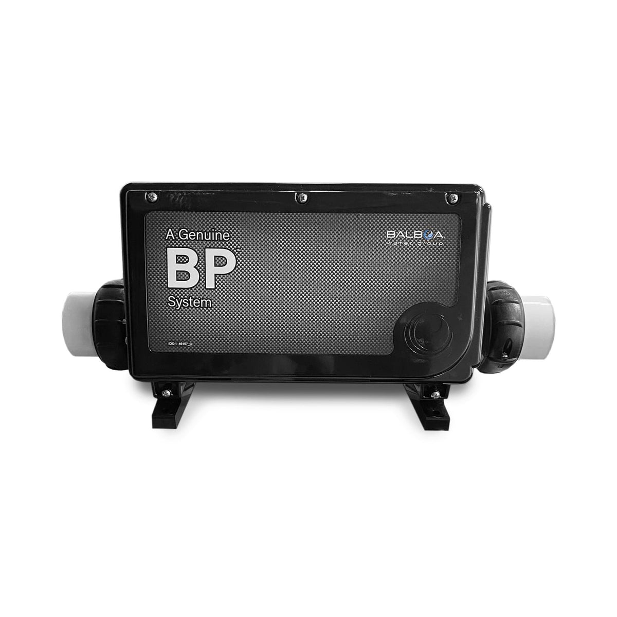 A Genuine BP System balboa spa pump control unit, black with white text and white cylindrical connectors on either side, shown against a plain white background.