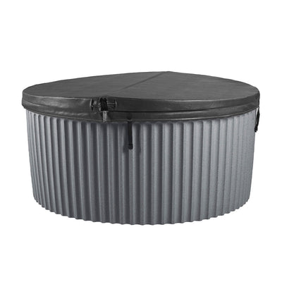 A round hot tub with a ribbed graybody and a gray cover, shown on a plain white background.