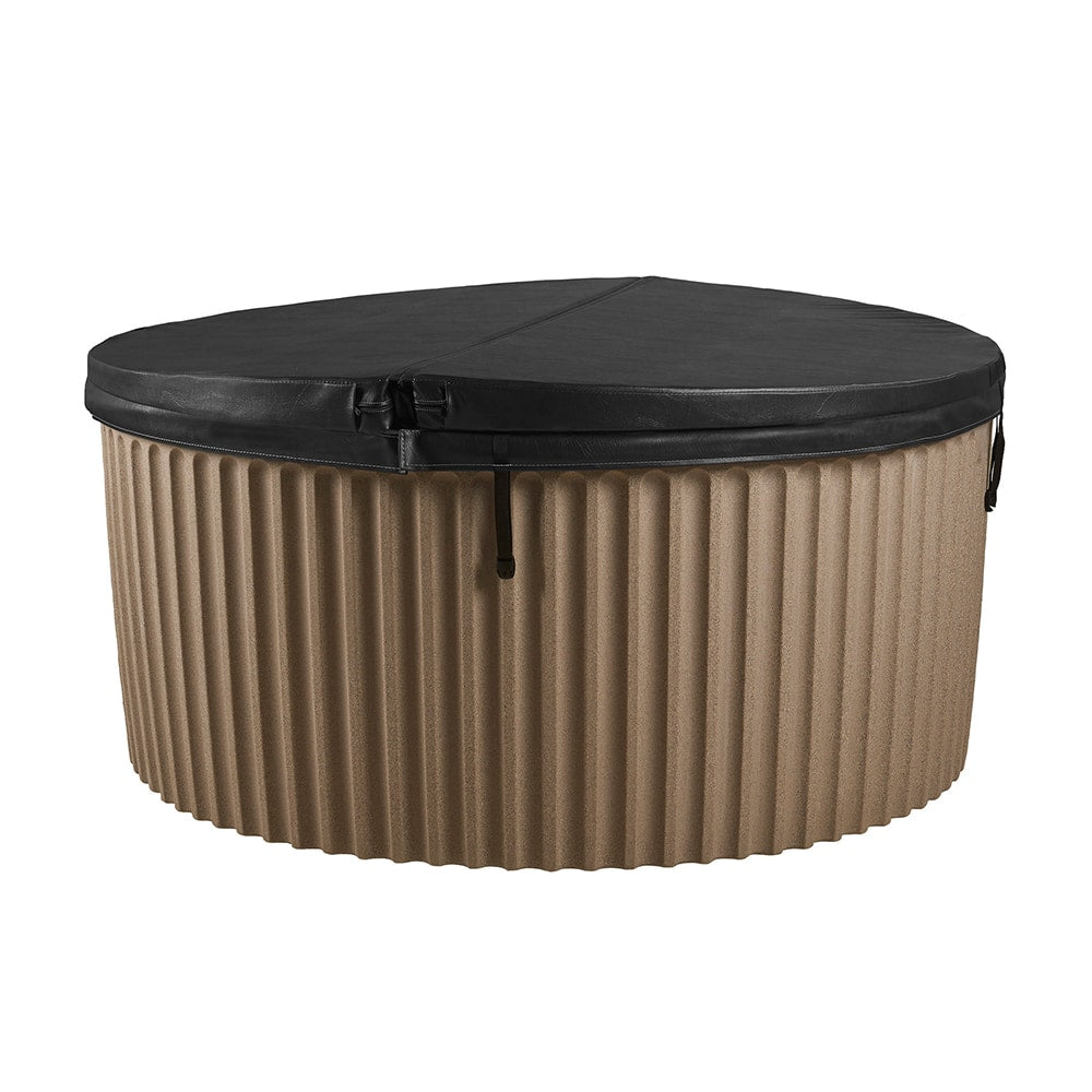 A round hot tub with a ribbed tan body and a black cover shown on a plain white background.
