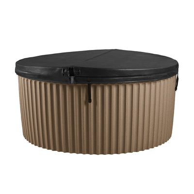 A round hot tub with a ribbed tan body and a black cover shown on a plain white background.