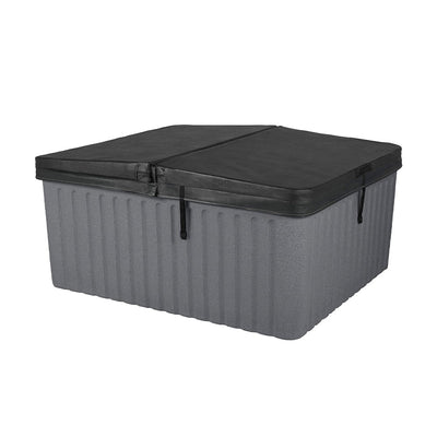 A rectangular hot tub with a ribbed gray body and a black cover, shown on a plain white background.