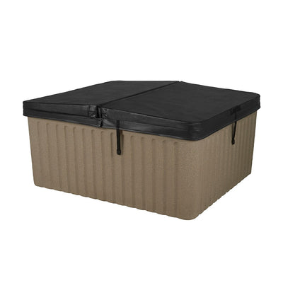A rectangular hot tub with a ribbed tan body and a black cover, shown on a plain white background.