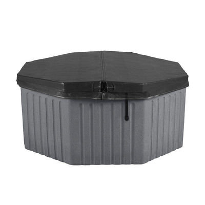 An octagonal hot tub with a ribbed gray body and a dark gray cover, shown on a plain white background.