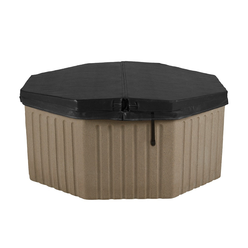 An octagonal hot tub with a ribbed beige body and a black cover, shown on a plain white background.