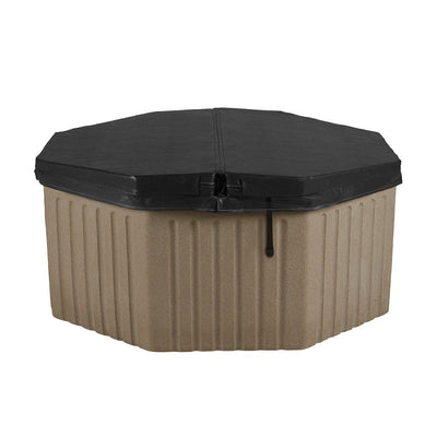 An octagonal hot tub with a ribbed beige body and a black cover, shown on a plain white background.