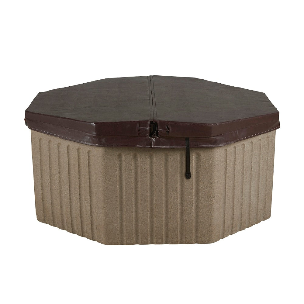An octagonal hot tub with a ribbed beige body and a dark brown cover, shown on a plain white background.
