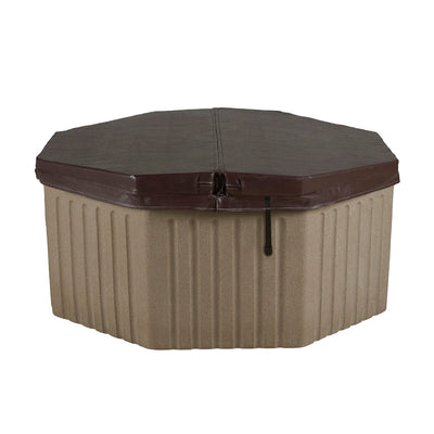 An octagonal hot tub with a ribbed beige body and a dark brown cover, shown on a plain white background.