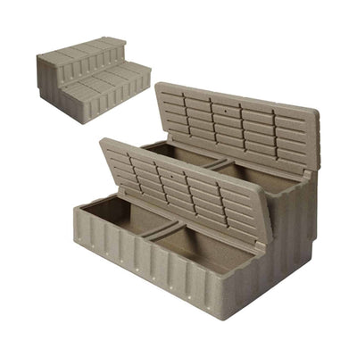 Tan storage steps for hot tubs, shown open and closed on a white background