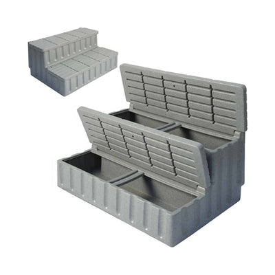 Gray storage steps for hot tubs, shown open and closed on a white background
