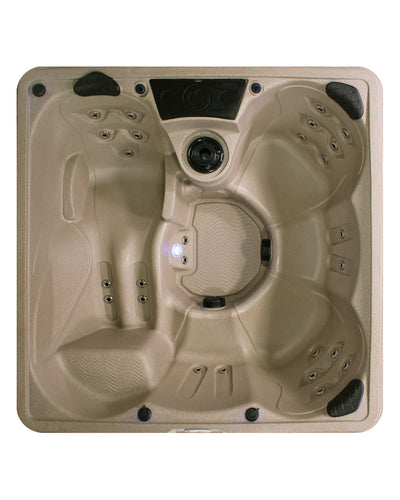 Top-down view of a square beige hot tub with on a white background.