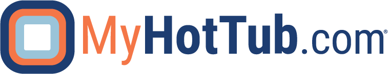 MyHotTub.com logo on a black background, featuring a blue and orange square icon with the text 'MyHotTub.