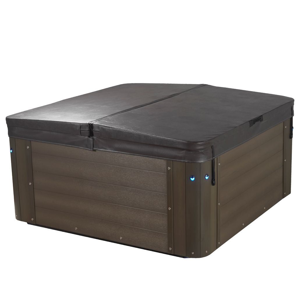 Brown outdoor storage box with a black lid on a white background 
