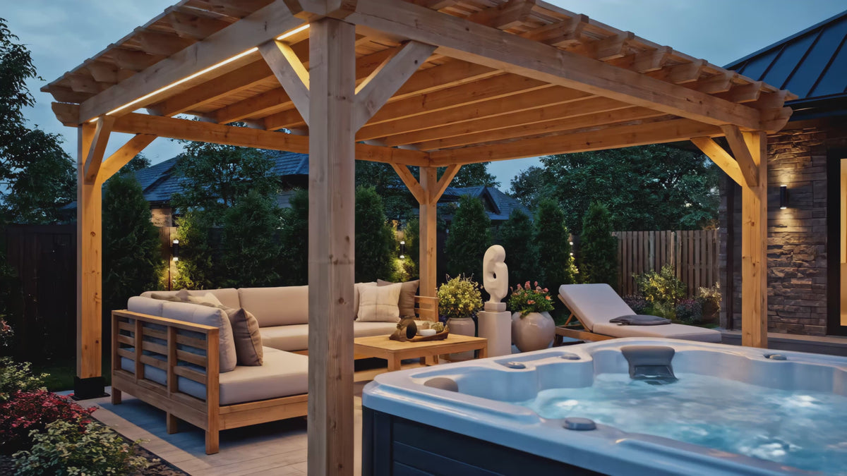 Load video: camera pans over nice backyard with pergola, patio furniture, pillows and stone house in background, hot tub in foreground