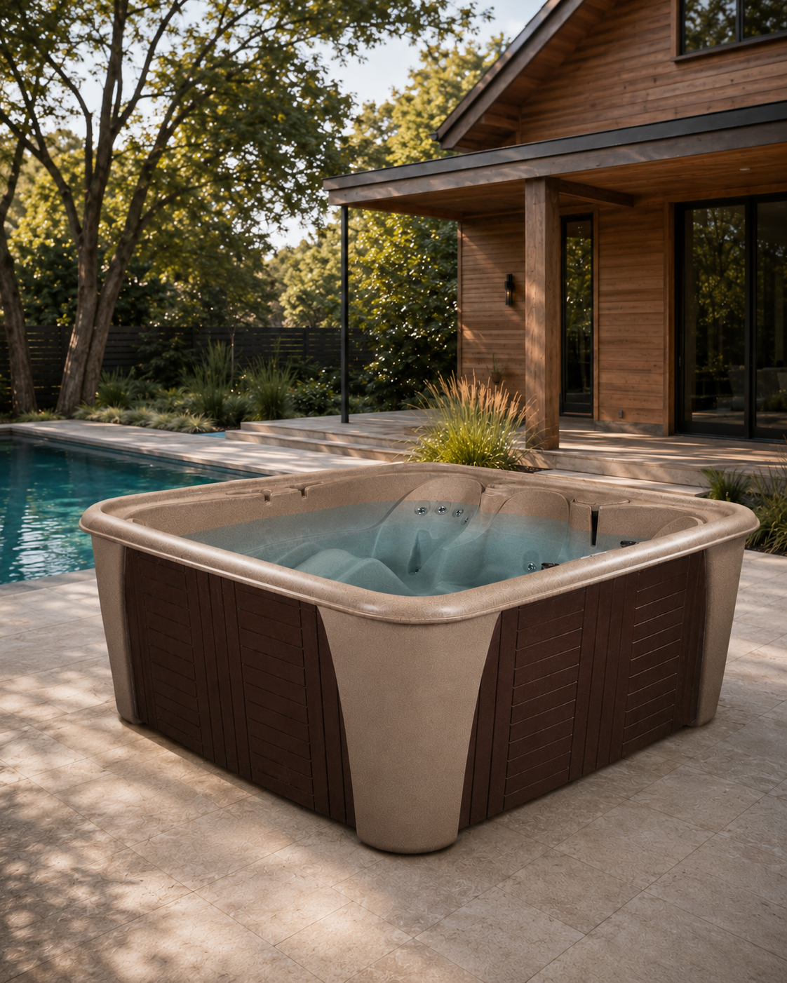 A corner hot tub with a beige exterior and dark brown paneling, filled with blue water, situated on a concrete patio next to a swimming pool in front of a modern wooden house.