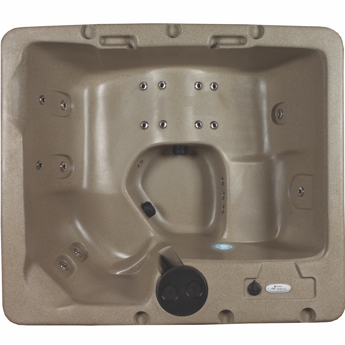 Overhead view of tan hot tub with stainless steel jets