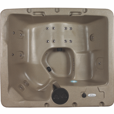 Overhead view of tan hot tub with stainless steel jets