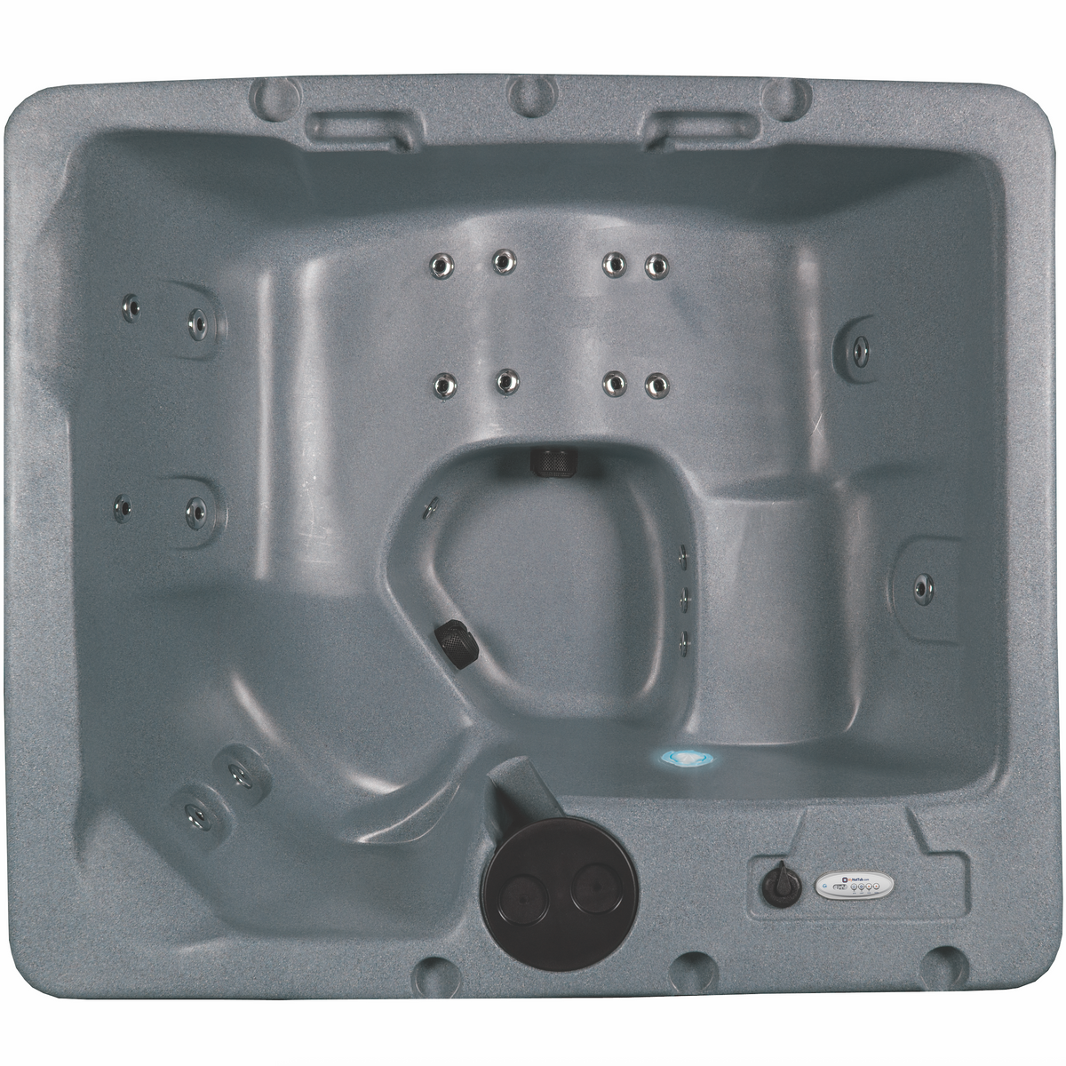 Overhead view of gray hot tub with stainless steel jets 