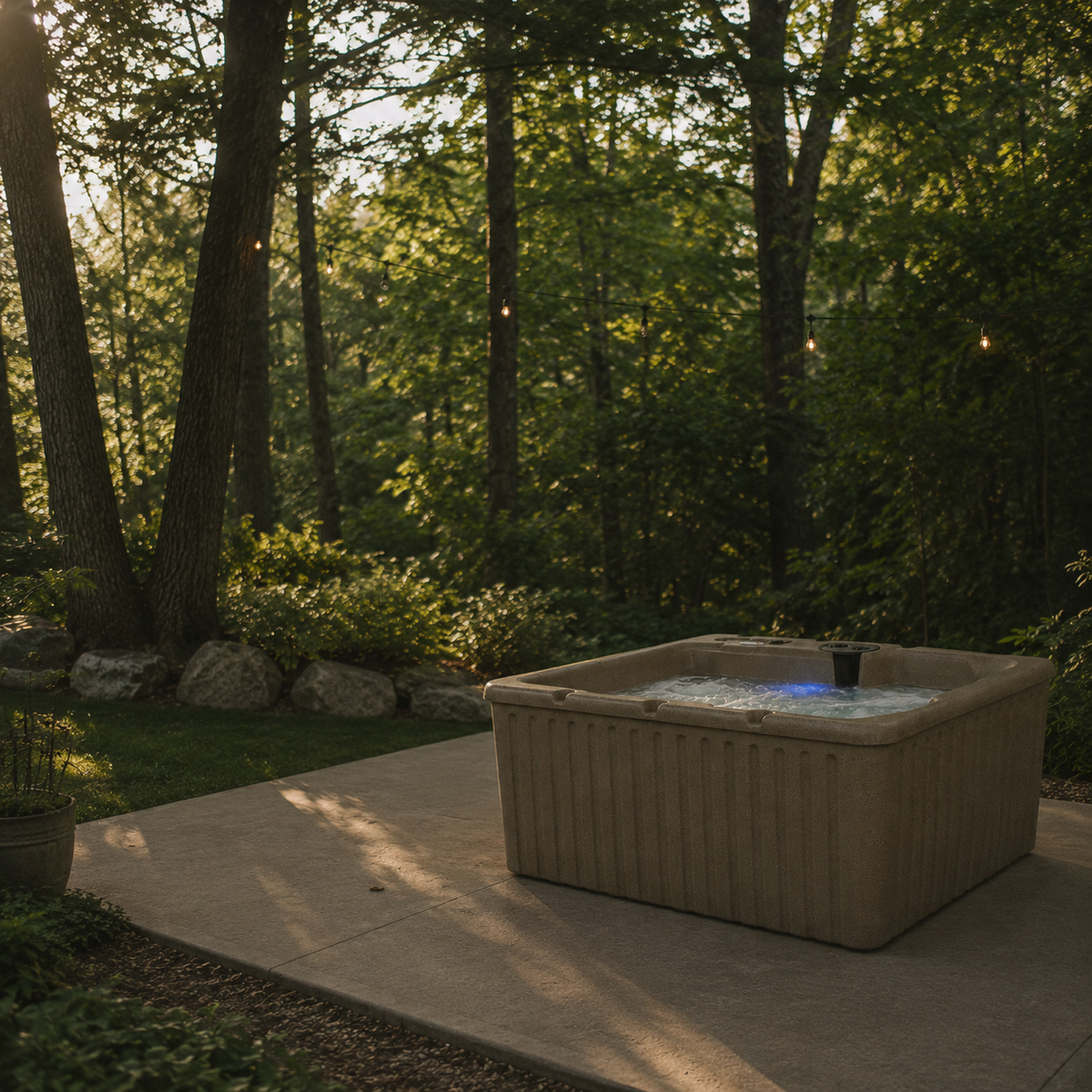 Beige hot tub in a forest setting with trees and greenery around
