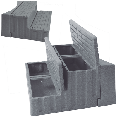 Gray storage steps with adapter for curved hot tubs, shown open and closed