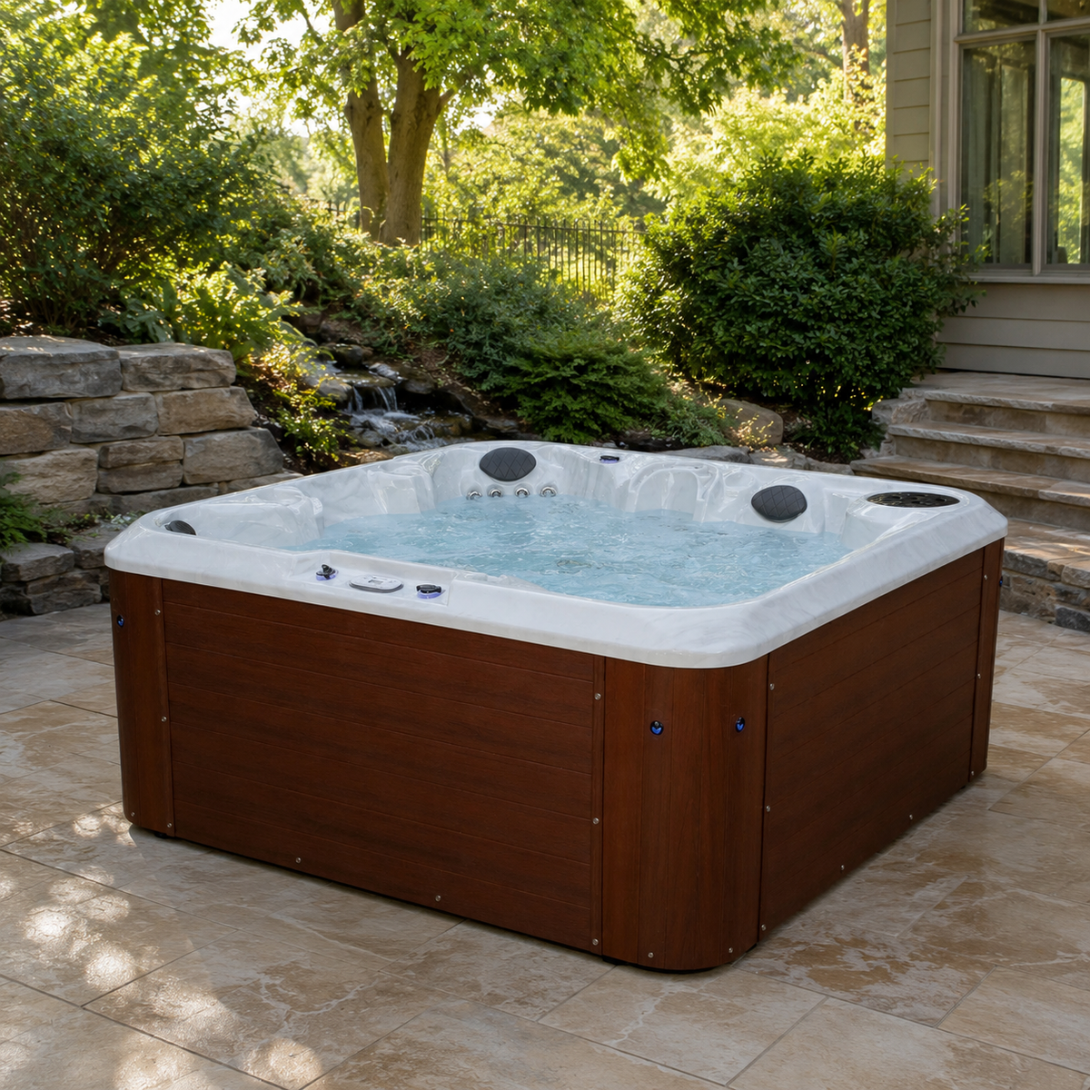 Hot tub on a stone patio with greenery and a house in the background