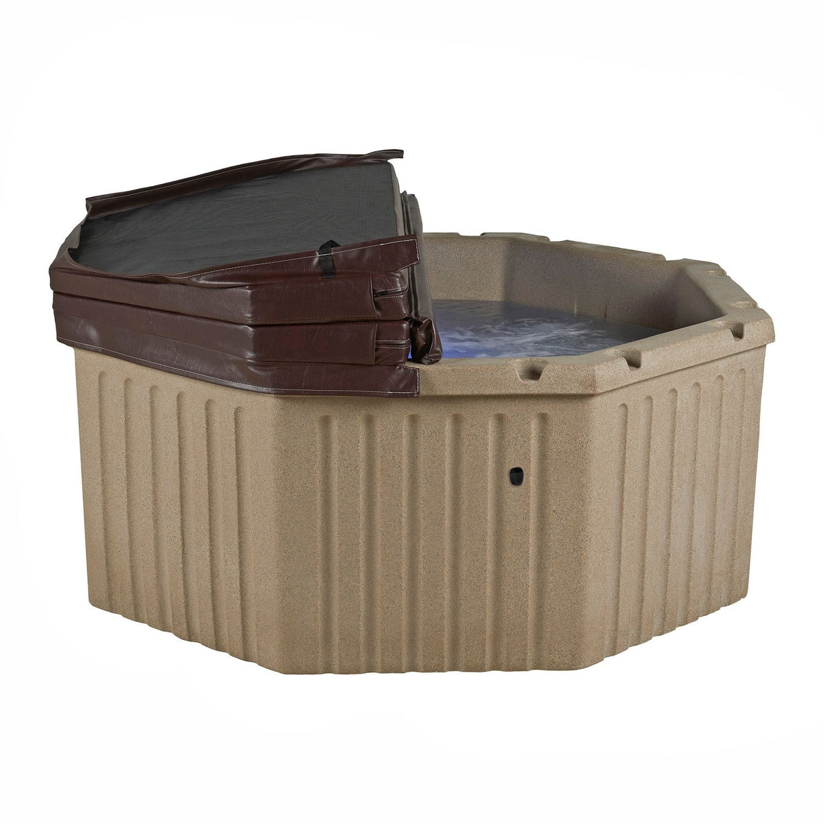 An octagonal hot tub with a ribbed beige body and a dark brown cover half open, shown on a plain white background.