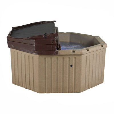 An octagonal hot tub with a ribbed beige body and a dark brown cover half open, shown on a plain white background.
