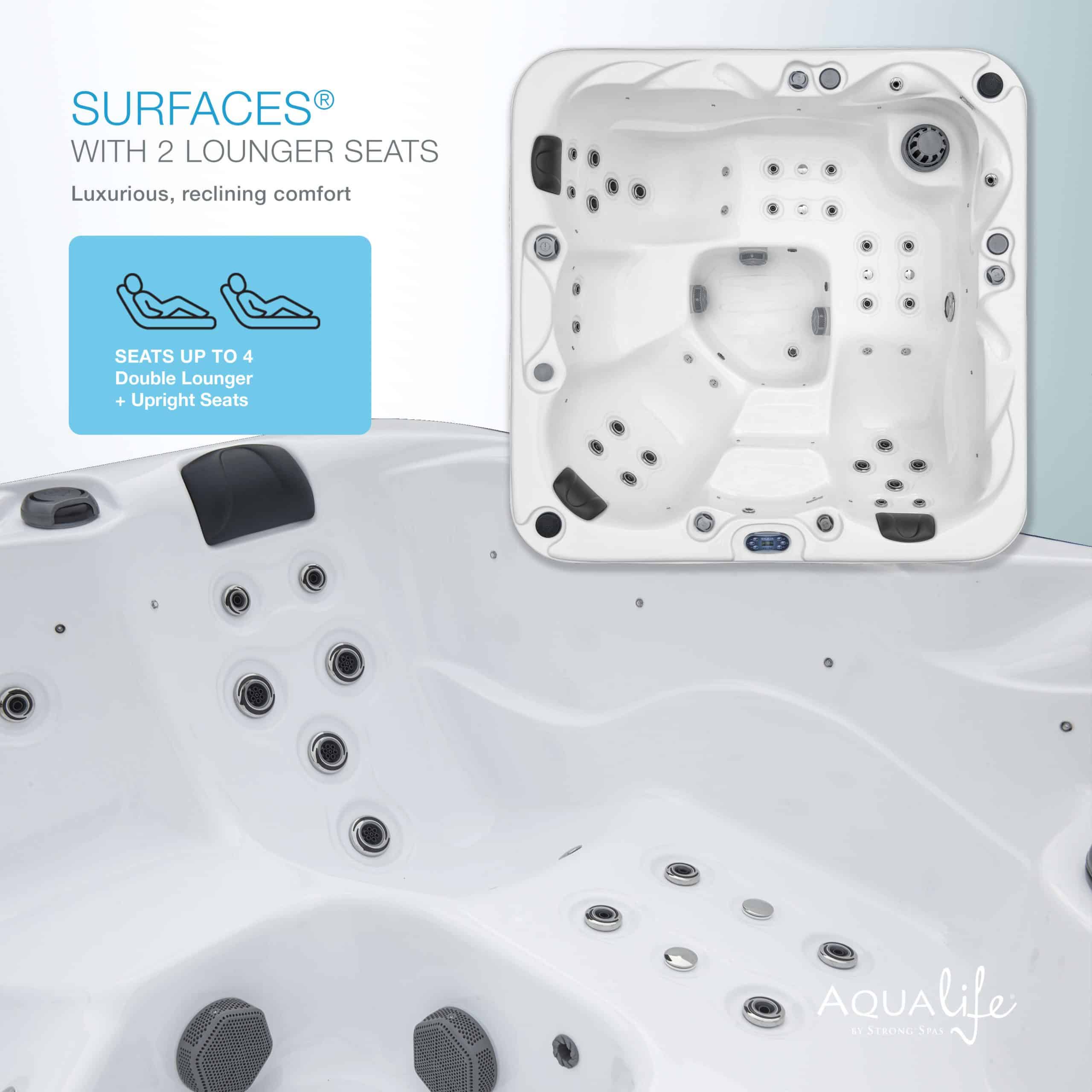 Surfaces™ 36 Jet, 3-4 Person Double Lounger Hot Tub Spa with Bluetooth Stereo & Ozone 4 Surfaces™ 36 Jet, 3-4 Person Double Lounger Hot Tub Spa with Bluetooth Stereo & Ozone 4