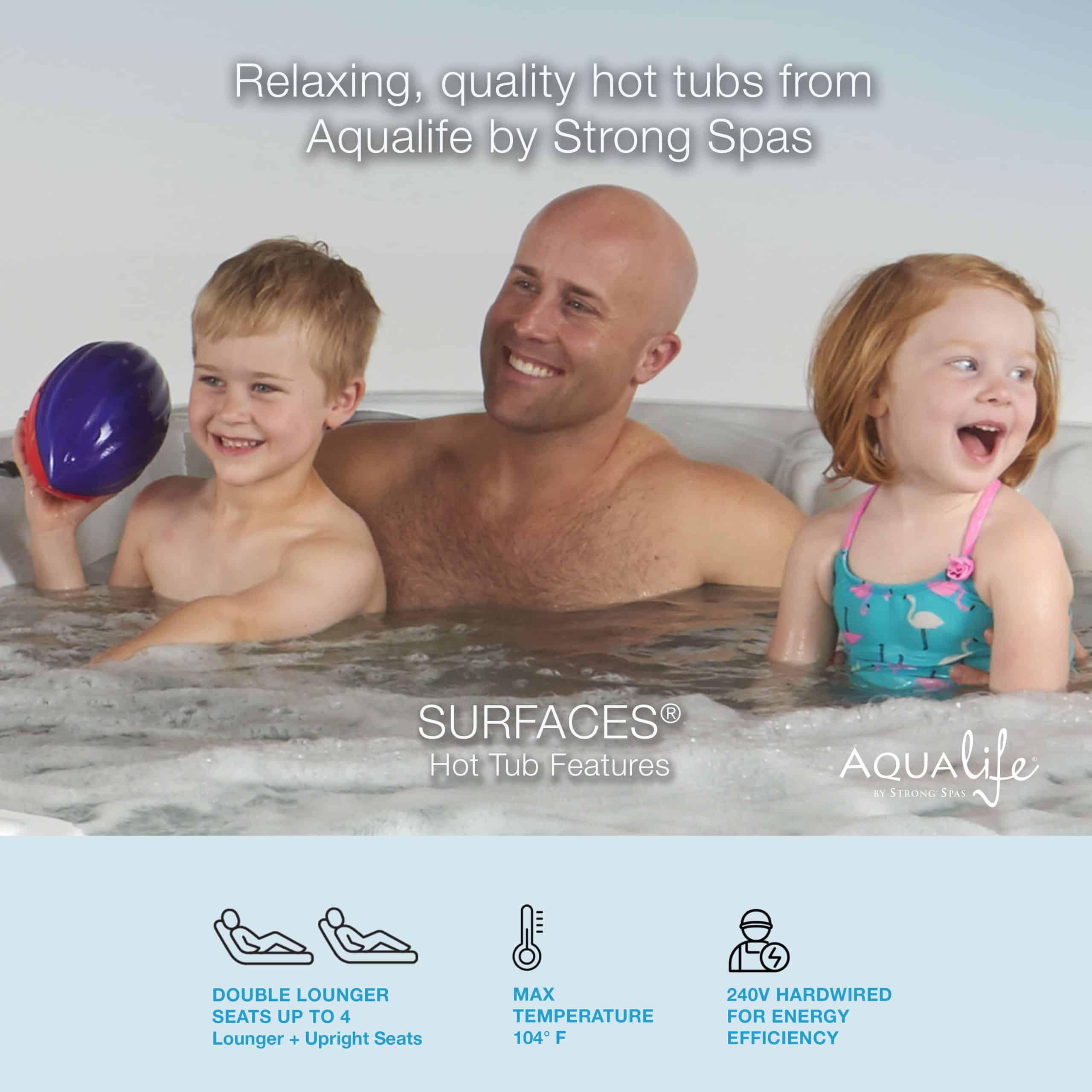 Surfaces™ 36 Jet, 3-4 Person Double Lounger Hot Tub Spa with Bluetooth Stereo & Ozone 5 Surfaces™ 36 Jet, 3-4 Person Double Lounger Hot Tub Spa with Bluetooth Stereo & Ozone 5