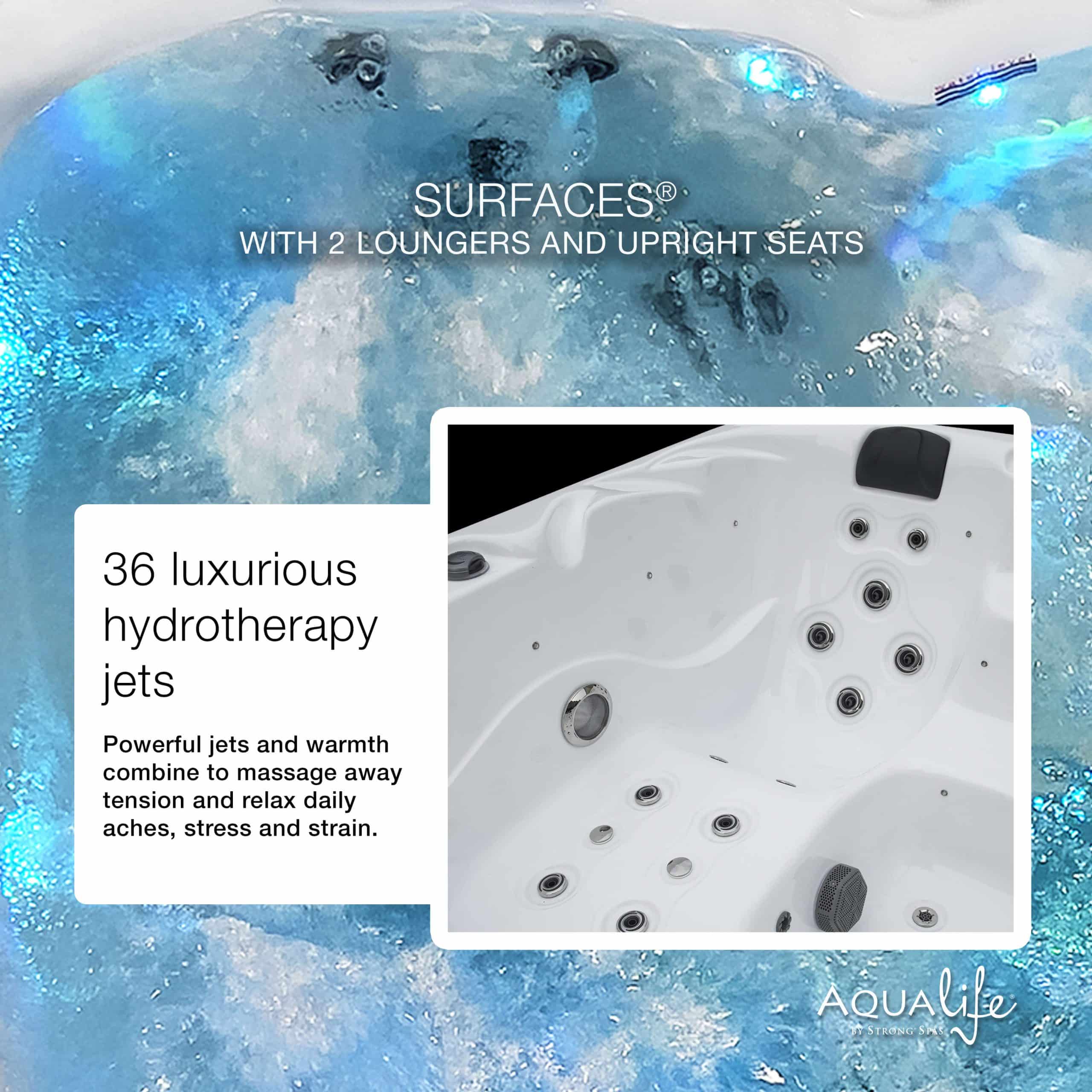 Surfaces™ 36 Jet, 3-4 Person Double Lounger Hot Tub Spa with Bluetooth Stereo & Ozone 10 Surfaces™ 36 Jet, 3-4 Person Double Lounger Hot Tub Spa with Bluetooth Stereo & Ozone 10